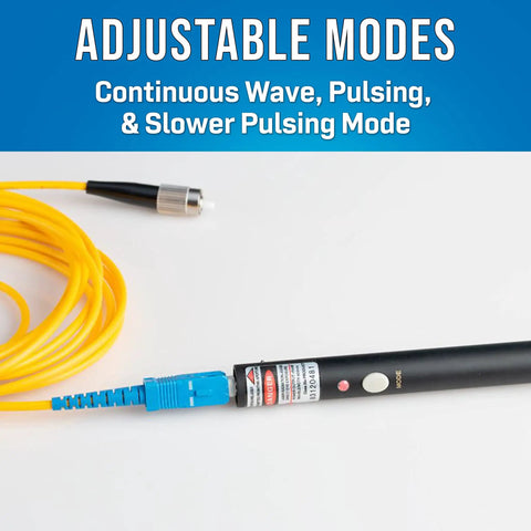 VFL 150 Visual Fault Locator With FC to LC Adapter, 650 nm Laser Diode showing adjustable modes and yellow cable
