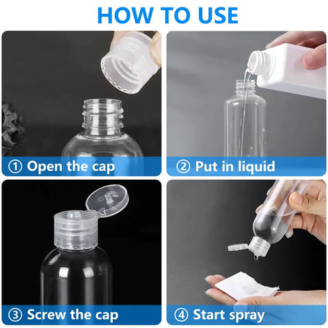 How to use the Four Pack 3.4 Oz Travel Bottles Set for Toiletries, TSA Approved, Leak Proof, BPA Free Eco Friendly PET bottles.