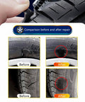 Comparison image showing tire damage before and after using the Heavy Duty Screw Tire Repair Kit With Forty Pre Coated Rubber Plugs.