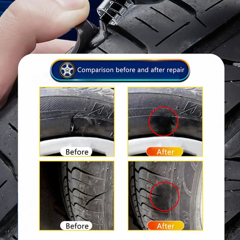 Comparison image showing tire damage before and after using the Heavy Duty Screw Tire Repair Kit With Forty Pre Coated Rubber Plugs.