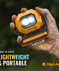 Hand holding Rechargeable LED Work Light 1500LM COB With Magnetic Base 360 Degree Rotatable IPX4 highlighting size and weight.