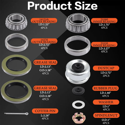 Boat trailer bearing kit by Tuijodaix for 5200–7000 lb tandem axles; includes outer/inner bearings and seals.