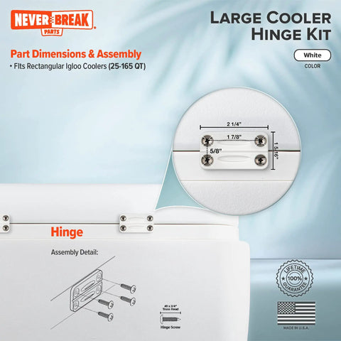 3 Pack White Igloo Cooler Hinges Replacement With Screws For Rectangular Ice Chests 25 To 165 Quart Models Heavy Duty Built Tough High Strength Parts Kit, white hinge close-up