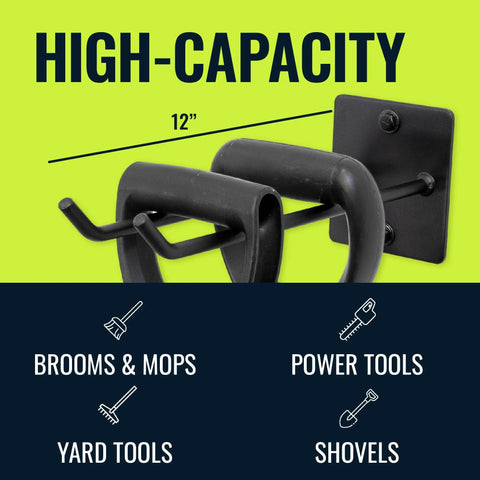 Heavy Duty Garage Wall Mount Tool Hook Rack for Shovels Rakes Brooms Hoses and Cords Industrial Steel Powder Coated Design