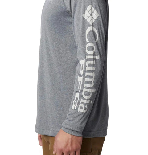 Side view of a Men's Long Sleeve Outdoor Shirt With Omni Shade UV Protection And Omni Wick Moisture Management For Fishing, charcoal heather.