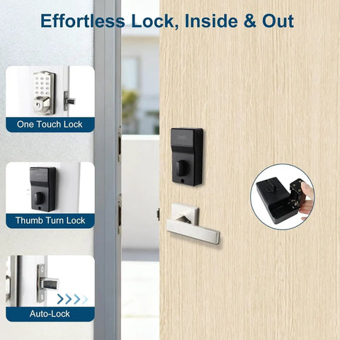 Smart Keypad Door Lock With Handle, Tuya WiFi App Control, Fingerprint And Code Entry shown from the front view on a door