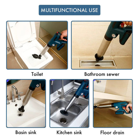 Electric Cordless Toilet Plunger For Bathroom Clog Removal, Floor Drains And Sewer Pipes With Automatic Inflation And Pressure Gauge Display in use for multiple drains