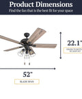 52-Inch Industrial Style LED Ceiling Fan With Light Kit, Bronze Finish, Edison Style Cage Lights Included, dimensions illustrated.