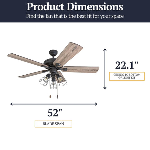 52-Inch Industrial Style LED Ceiling Fan With Light Kit, Bronze Finish, Edison Style Cage Lights Included, dimensions illustrated.