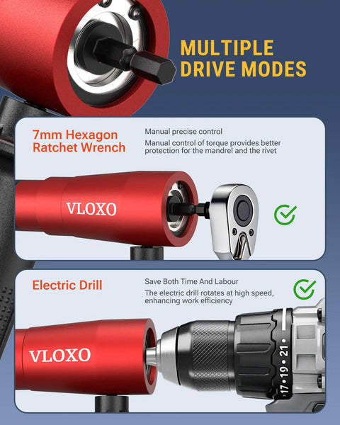 Close-up of Top Shelf Rivet Gun Adapter Kit with 7mm hexagon ratchet wrench and electric drill attachment, showcasing features.