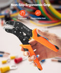 No Sweat Ratcheting Wire Crimper Pliers For 24 To 12 AWG Terminals With Quick Release And Clear Metric Markings. Ergonomic grip shown.