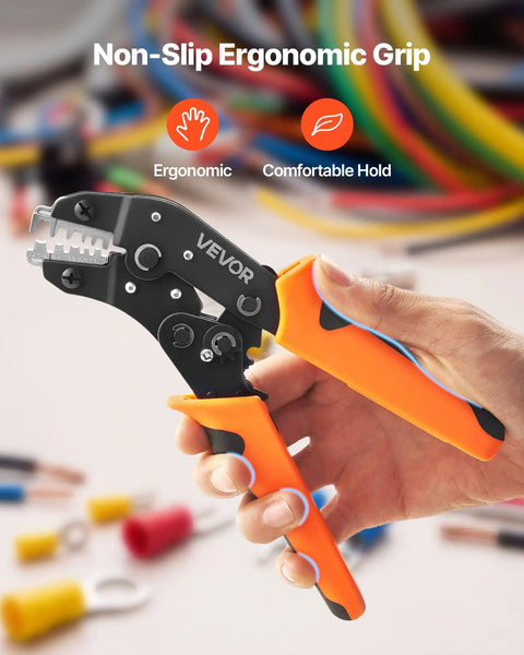 No Sweat Ratcheting Wire Crimper Pliers For 24 To 12 AWG Terminals With Quick Release And Clear Metric Markings. Ergonomic grip shown.