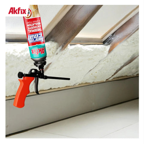 Heavy Duty Class A Fire Rated Spray Foam Insulation Kit Pro Trigger Gun applying insulation in attic space.