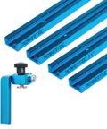 Four Pack 24 Inch Universal T Track Bars With 3 Inch Flip Fence Stop Built Like A Tank Double Cut Profile Pre Drilled Holes, blue aluminum