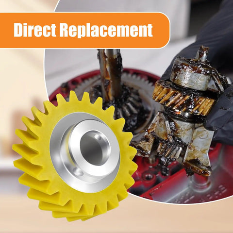 2 Pack W10112253 Mixer Worm Gear Replacement shown with plastic gear and metal hub for stand mixers