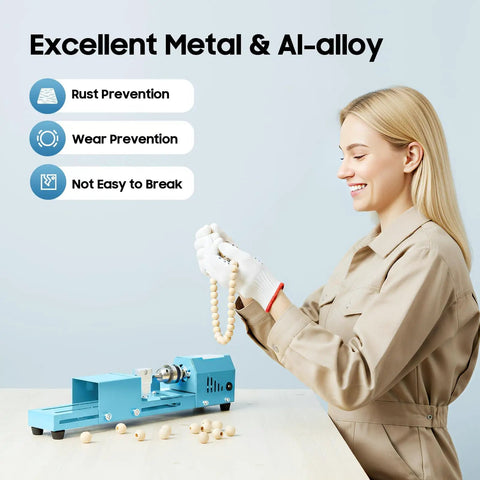 ZephPerton 96 Watt Mini Lathe Machine With Pure Copper Motor, 7 Speed Settings From 4000 To 9000 Rpm For Wood And Metal Working, Silent Flexible Shaft Tool Kit Perfect For DIY Grinding Polishing Projects, user operating the lathe with wooden beads.