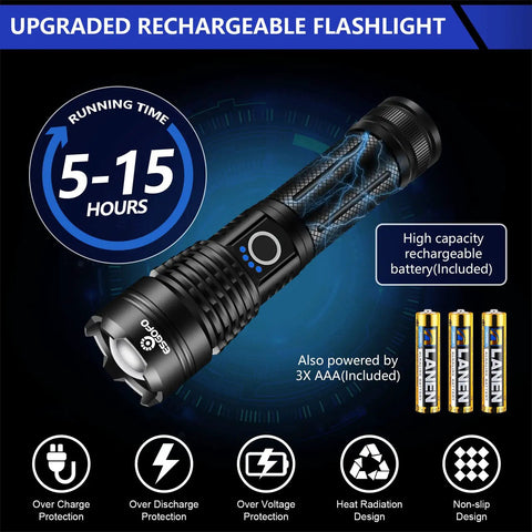 Ultra Bright 100000 Lumen Rechargeable LED Flashlight Handheld Spotlight, features 5-15 hours run time and AAA battery option.