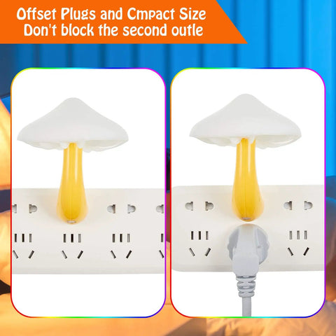 Plug-in 4 Piece Mushroom Night Light Set LED lamps showing compact design on power strip, auto sensor nightlights for bedrooms.