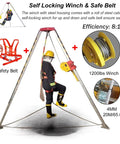 Heavy Duty Pulley Hoist Aluminum Rescue Tripod Worksite Ready Lift Kit in use with self-locking winch and safety belt, 1200LBS capacity