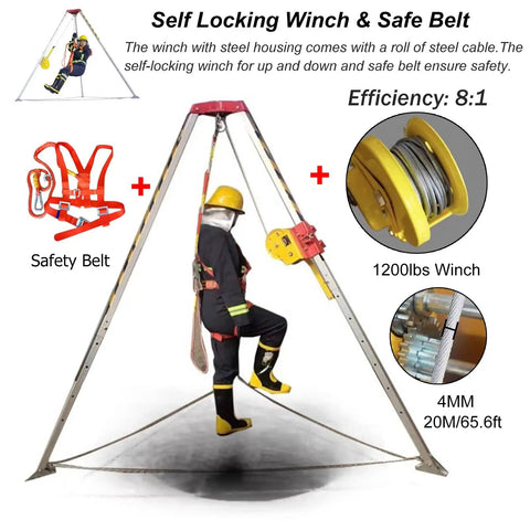 Heavy Duty Pulley Hoist Aluminum Rescue Tripod Worksite Ready Lift Kit in use with self-locking winch and safety belt, 1200LBS capacity