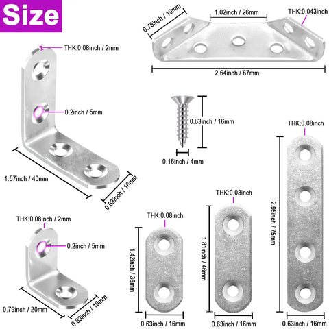 Diagram of 24 Pcs Corner And Flat Bracket Set Stainless Steel L Brackets For Wood Repair With Screws Rust Resistant Mending Plates.