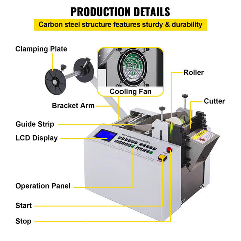 VgtHK Automatic Heat Shrink Tube Cutter 250W Electric Cold Cutting Machine showcasing clamping plate, LCD display, and cooling fan.