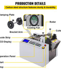 Fully Automatic Heat Shrink Tube Cutter With 250W Electric Blade And Micro Computer Control For Precision Cutting Of Sleeve Rubber Cable Pipe And Film Great For Electronics And Auto Parts Projects In Stainless Steel Build with labeled components.