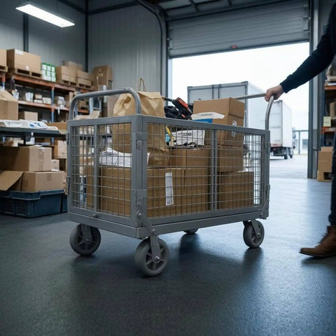 Beefed Up Heavy Duty Flatbed Wire Mesh Cart With Dual Handles And High Fence Sturdy Steel Construction Four Swivel Industrial Wheels Easy Haul For Steel Plates Up To 100 By 60 Heavy Load Trolley loaded with boxes in warehouse