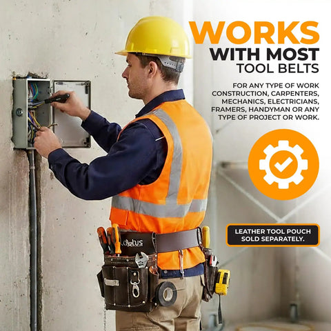 Worker wearing Heavy Duty Leather Tool Belt for Carpenters and Electricians, 2-Inch Wide Top-Grain Oil-Tanned Leather, adjusting panel