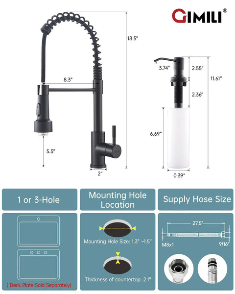 Matte Black LED Kitchen Faucet With Soap Dispenser And Pull Down Sprayer A Game Changer For Modern Sinks With Three Color LED Temperature Indicator Lights Powered By Water Flow No Batteries Needed and dimensions diagram