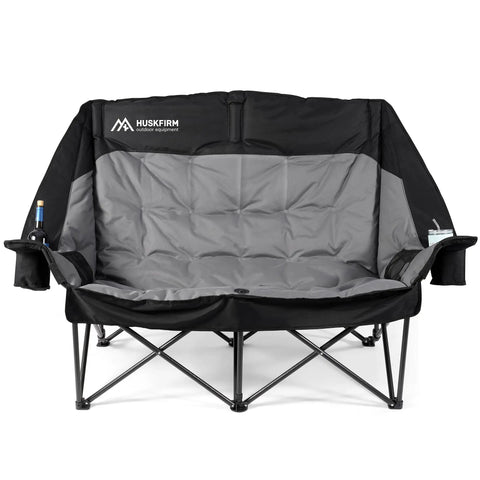 Two Person Low Seat Camping Couch fully padded oversized loveseat with cup holders black