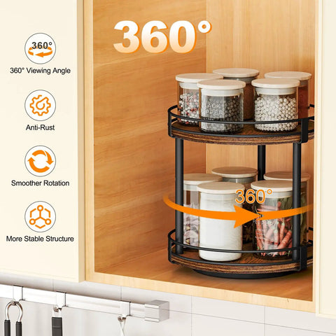 Rotating Spice Rack Two Tier Lazy Susan Organizer For Kitchen Countertop in wooden pantry, holding spice jars, 360-degree spin visible