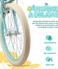 Front wheel of Girls 20 Inch Bike With Basket And Kickstand For Ages 5 To 12, emphasizing slip-resistant tires.
