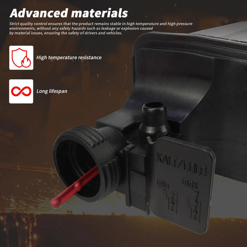 Close-up of BMW drop-in engine coolant overflow reservoir tank with sensor and cap for 2001-2006 X3, 2001-2005 X5, 3 Series.
