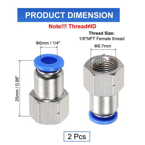 Two Pack One Eighth Inch NPT Female Push To Connect Fittings For Air Lines, One Quarter Inch Tube OD dimensions and design