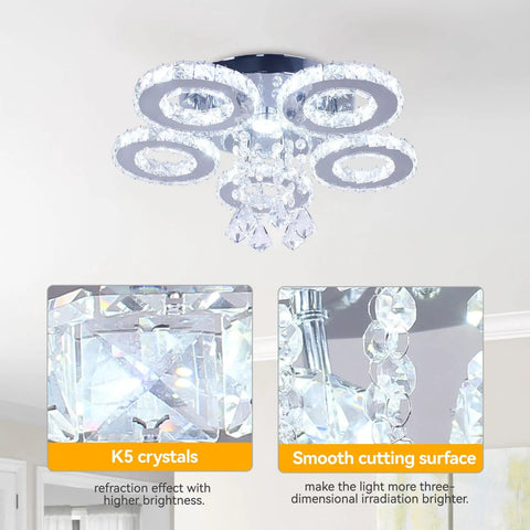 Five Ring Crystal LED Ceiling Light Chandelier For Dining Room Kitchen And Bedroom Cool White 4500K Non Dimmable Dope Modern Fixture With Stainless Steel Frame Built In 39W LED showing detailed crystal cut.