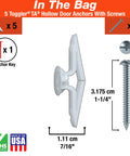 Image of Strong Hollow-Door Anchor With Screws For One Eighth To One Quarter Inch Hollow Core Doors Polypropylene Construction Made In USA, includes 5 anchors and screws.