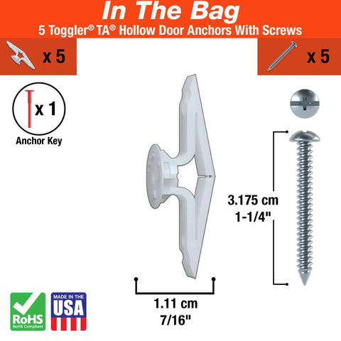 Image of Strong Hollow-Door Anchor With Screws For One Eighth To One Quarter Inch Hollow Core Doors Polypropylene Construction Made In USA, includes 5 anchors and screws.