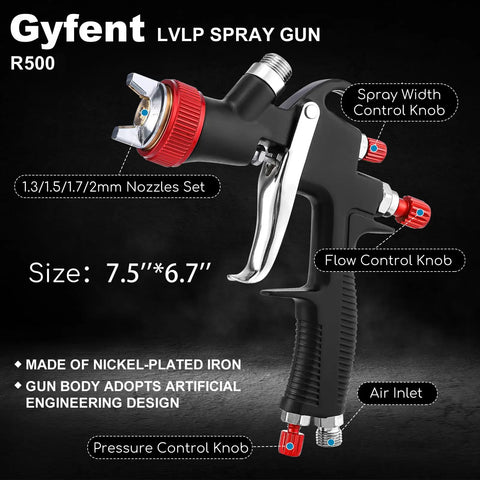 Top Tier LVLP Air Spray Gun Kit With Four Quick Swap Tips And A Roomy Six Hundred Milliliter Cup at an angle showcasing controls and nozzles.