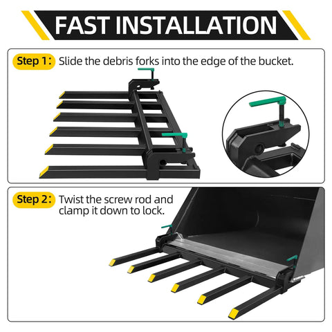 Image showing installation of Heavy Duty Clamp On Debris Forks For 60 Inch Buckets That Fit Loader And Skid Steer, 4000 lb capacity.