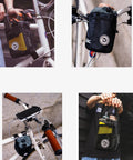 Universal Bike Cup Holder And Multi Position Bag attached to bike handlebar, top view highlighting mesh storage