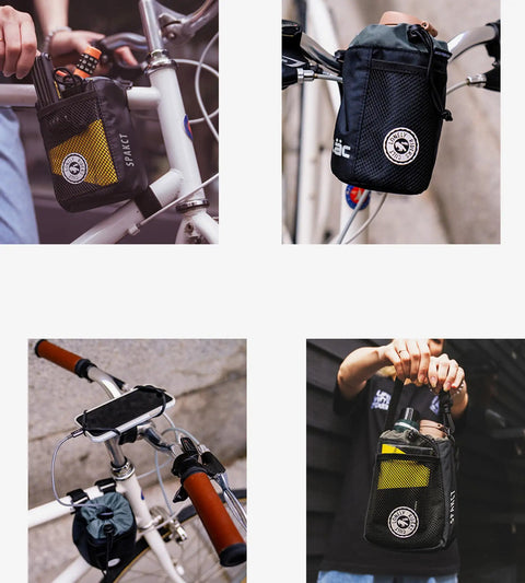 Universal Bike Cup Holder And Multi Position Bag attached to bike handlebar, top view highlighting mesh storage