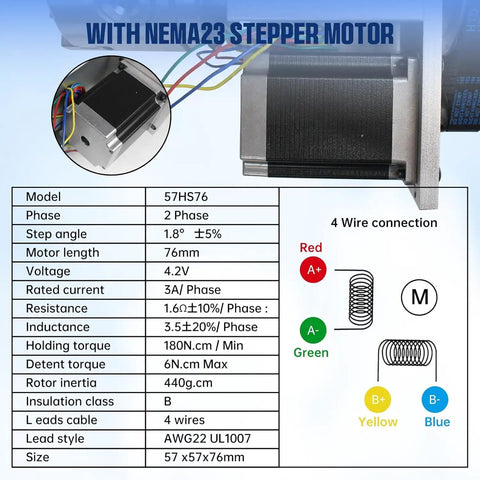 Heavy Duty Cnc Milling 4Th And 5Th Axis Rotary Table Featuring 100Mm Three Jaw Chuck with Nema23 stepper motor and 4 wire connection details.