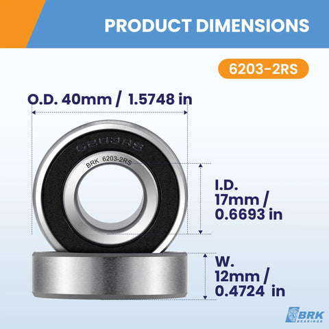 10 Pack 6203 2RS Deep Groove Ball Bearings 17X40X12Mm Chrome Steel product dimensions illustration displaying sizes.