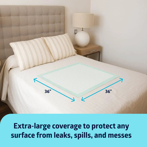 Adult Incontinence Bed Pads 36x36 Extra Large 50 Pack displayed on a bed, showcasing quilted texture for comfort and protection.