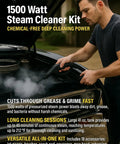Heavy Duty Steam Cleaner Kit Packing One Thousand Fifty Watts Of Scalding Vapor For Forty Five Minutes Of No Sweat Scrubbing in use on a car.