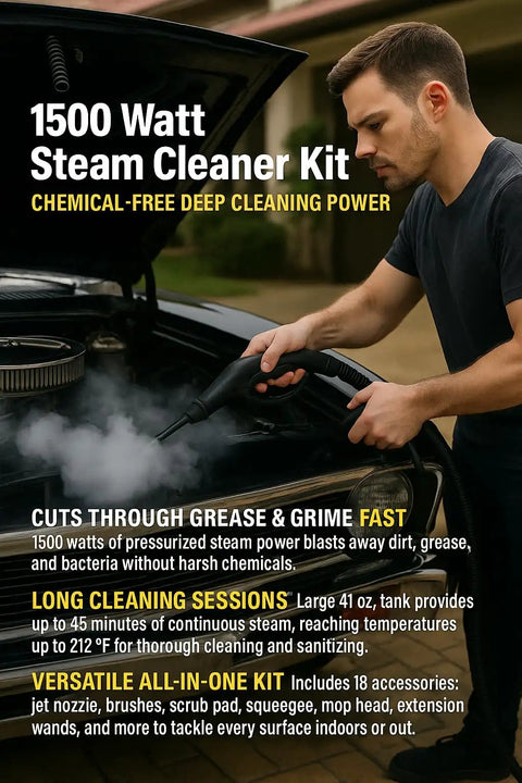 Heavy Duty Steam Cleaner Kit Packing One Thousand Fifty Watts Of Scalding Vapor For Forty Five Minutes Of No Sweat Scrubbing in use on a car.