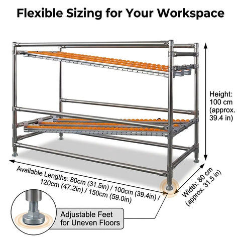 No Nonsense Heavy Duty Stainless Steel Flow Rack With Automatic Gravity Roller Track For Warehouse Packing Stations And Assembly Lines Smooth Cartons Slide Right Up To Cut Search Time And Level Up Your Inventory Game 100X80X100CM with orange rollers and adjustable feet