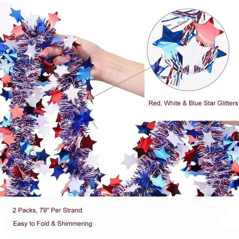 Close-up of All In One 4th Of July Golf Cart Decor Kit with star fringe garlands in red, white, and blue for parades.