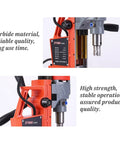 Powerful 1280W Portable Magnetic Drill Press With Super Strong Electromagnet For Heavy Duty Metal Drilling Tasks Up To 1 Point 38 Inch Core Diameter And 660 RPM Speed For Industrial Job Sites close-up of carbide drill with specifications